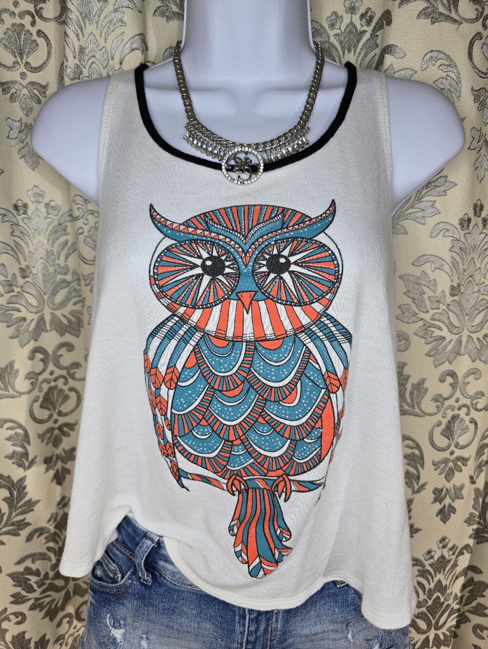 Beware! Medium Owl Graphic Tank Top White Crop Swing Racerback Made in USA